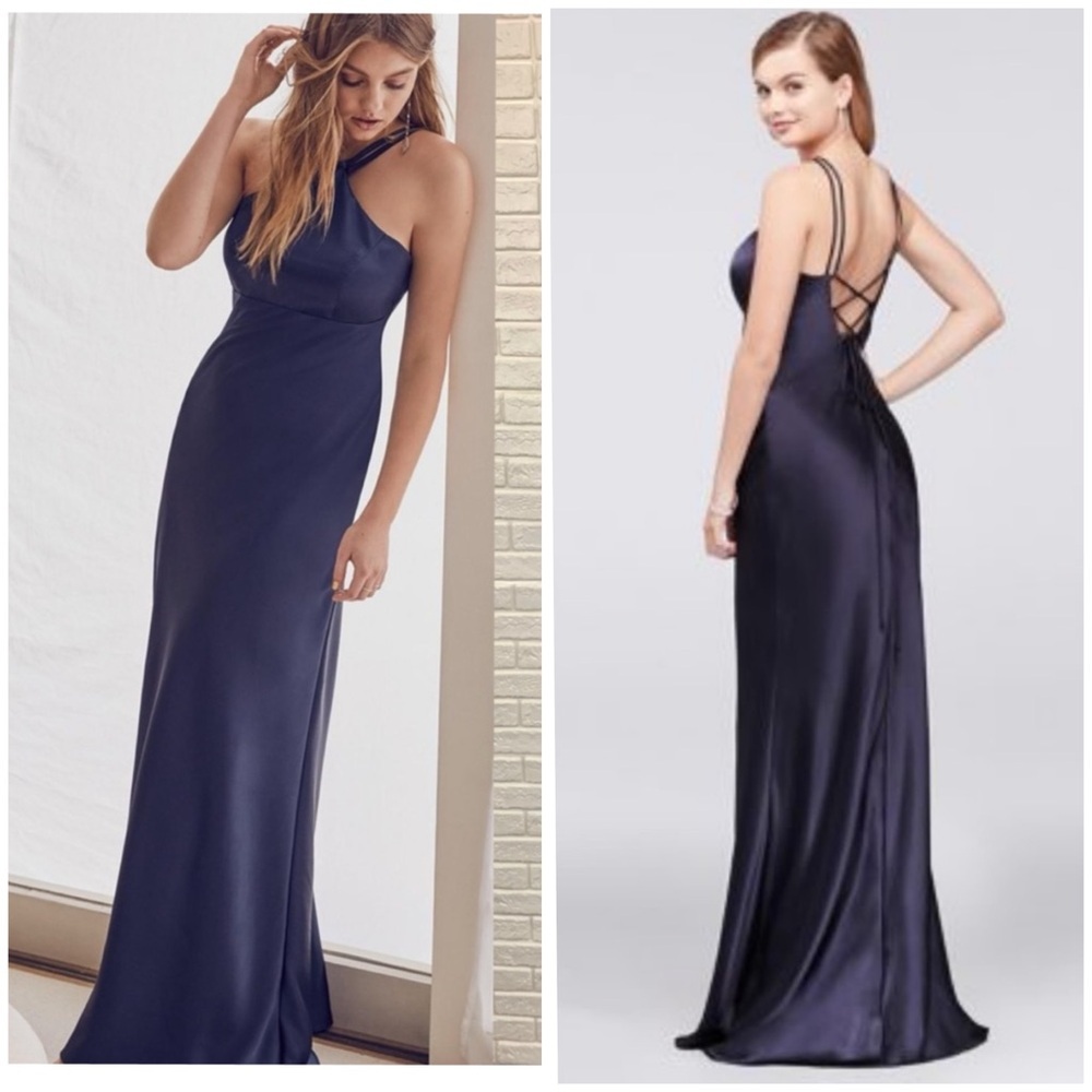 Xscape charmeuse lace up back satin gown navy blue 6 in great condition